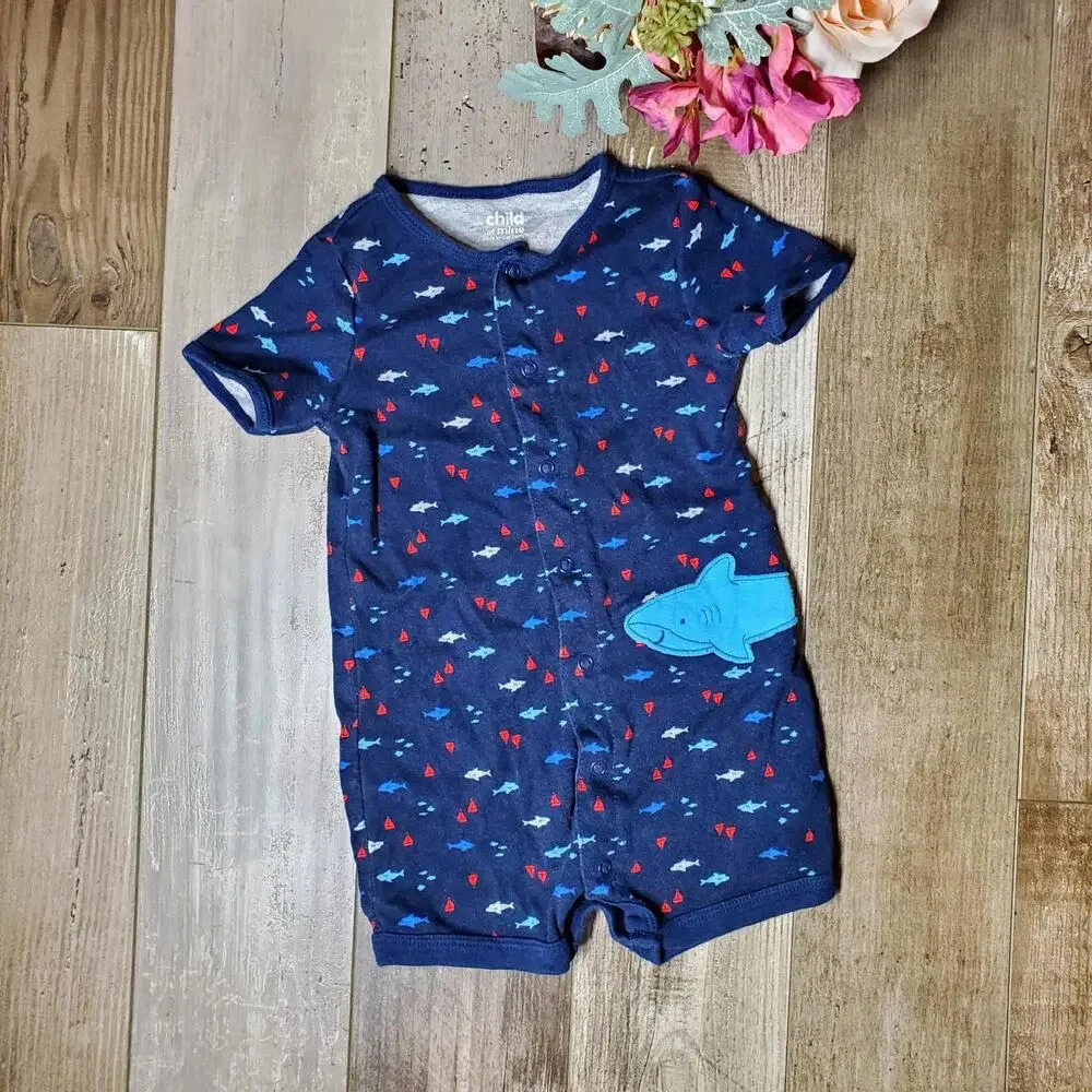 Carter's Baby Boys Shark One Piece Romper Size 24m Blue Red EUC